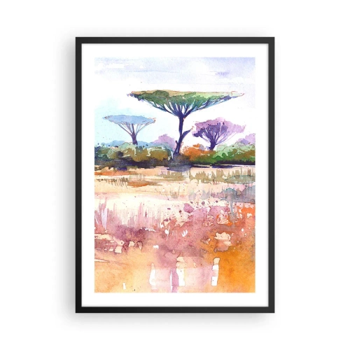 Poszter fehér keretben - Egy akvarellfestmény egy szavanna tájról akácfákkal. - 50x70cm - Szavanna színei - Modern fali dekoráció nappalihoz és hálószobához ARTTOR