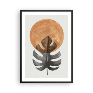 Poszter fehér keretben - Egy szörnyeteg levél egy meleg narancssárga kör előtt - 50x70cm - Mindig a nap - Modern fali dekoráció nappalihoz és hálószobához ARTTOR