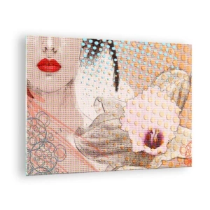 Üveg kép - Nő portréjának illusztrációja virággal a háttérben pop art stílusban - 70x50cm - Képregényes heroin - Modern fali dekoráció nappalihoz és hálószobához ARTTOR