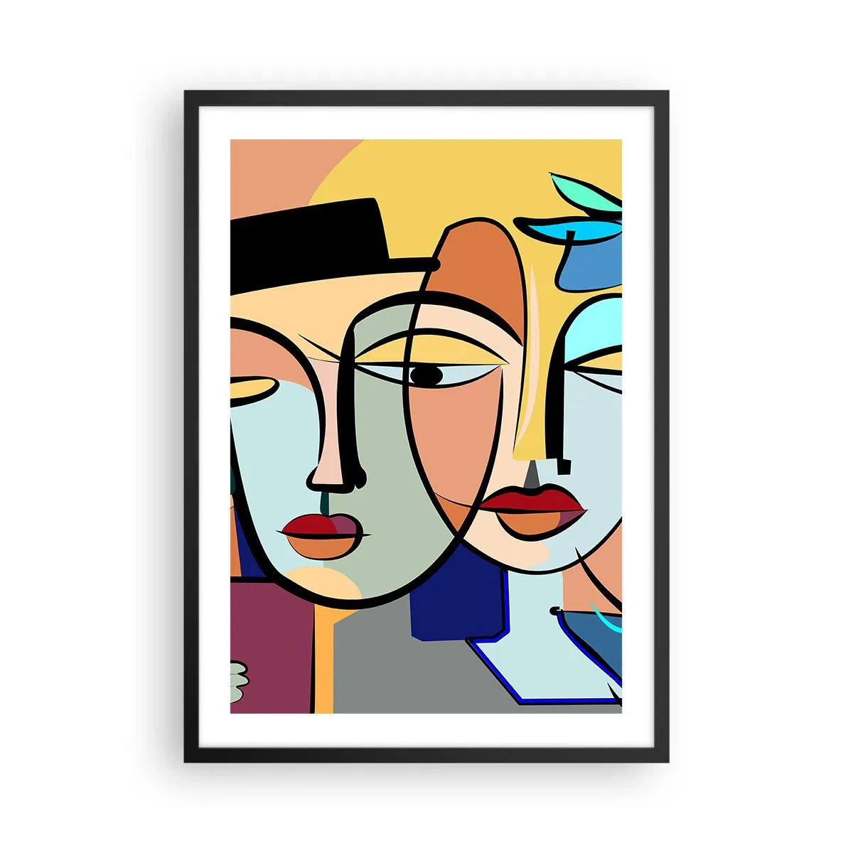Poszter fehér keretben - Színes absztrakt arckompozíció kubista stílusban - 50x70cm - Picasso randez vous - Modern fali dekoráció nappalihoz és hálószobához ARTTOR