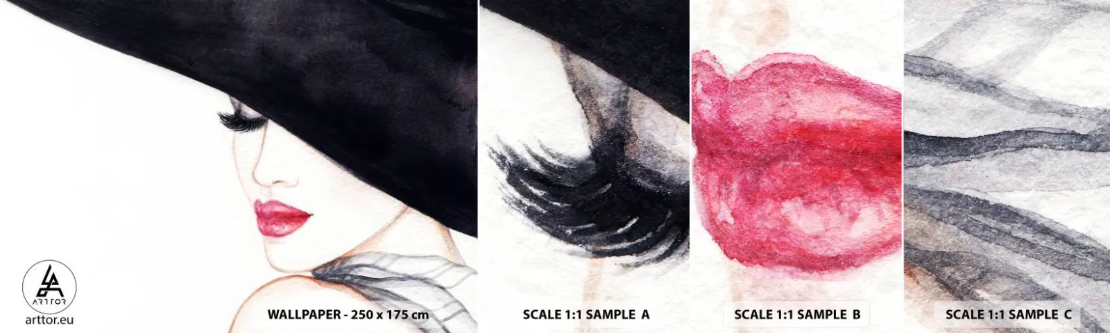 Fotótapéta Minta Standard Eco - Elegancia és érzékiség - Nő, vörös ajkak, Fekete sapka - 100x30 cm