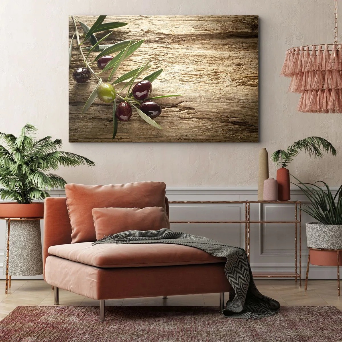 Vászonkép - Olajág gyümölccsel, öregített fa háttéren - 70x50cm - Egyenesen a természetből - Modern fali dekoráció nappalihoz és hálószobához ARTTOR