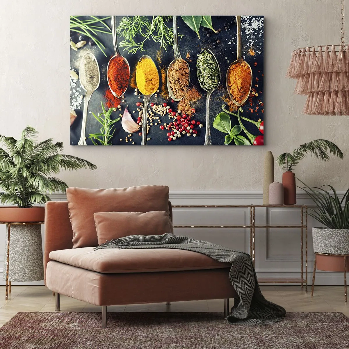Vászonkép - Színes fűszerek kanalakon, gyógynövényekkel a háttérben - 70x50cm - Kulináris varázslat - Modern fali dekoráció nappalihoz és hálószobához ARTTOR