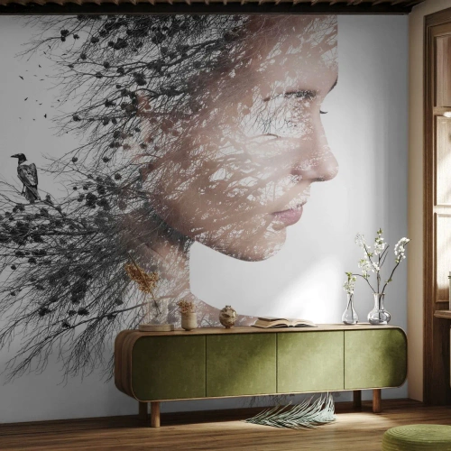 Fotótapéta Premium Sand - Az erdő szelleme - Absztrakció, Női Arc, Fa - 100x70 cm