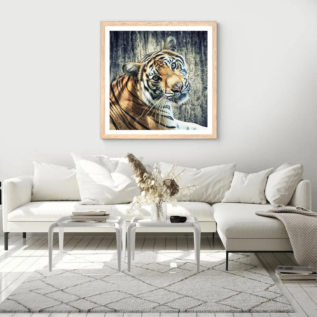 Poszter világos tölgy keretben - Portré a fénysugárban - 60x60 cm