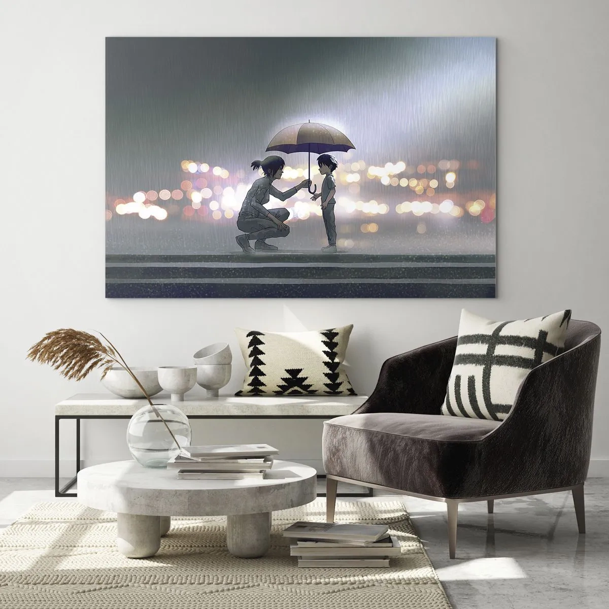 Üveg kép - Alakok az esőben esernyőkkel az éjszakai fények hátterében - 70x50cm - És most minden rendben - Modern fali dekoráció nappalihoz és hálószobához ARTTOR