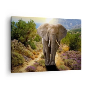 Vászonkép - Egy afrikai elefánt a szavanna és a hegyvidéki táj ellen - 70x50cm - Így nézett ki Eden - Modern fali dekoráció nappalihoz és hálószobához ARTTOR