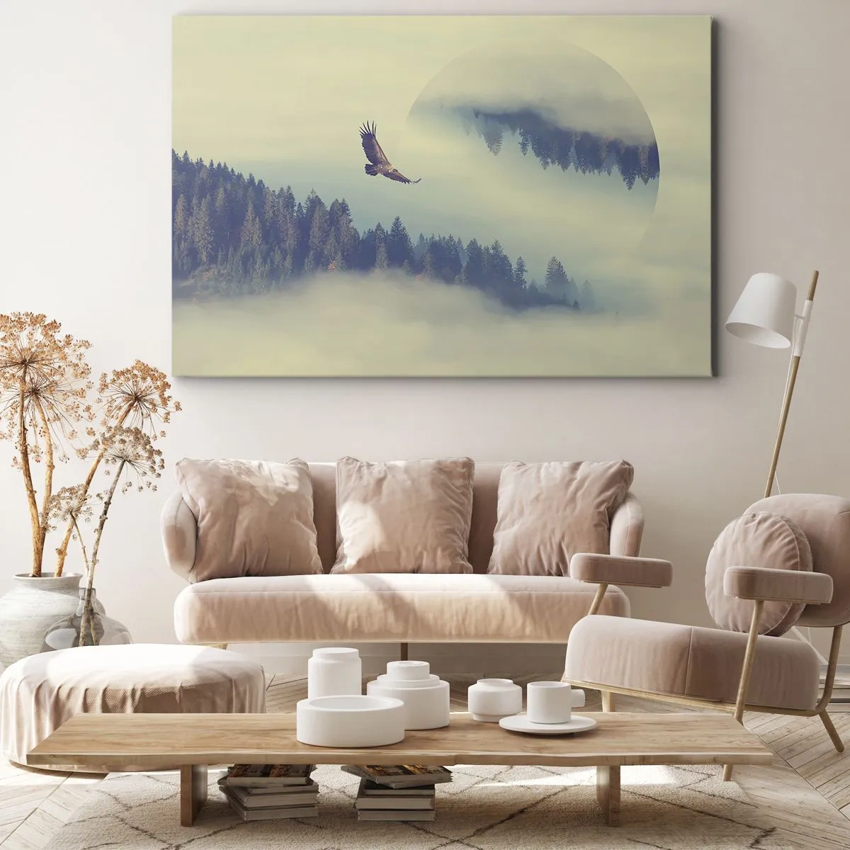 Vászonkép - Egy repülő sas ködös hegyek hátterében, művészi körmotívummal - 70x50cm - Láttam egy sas árnyékát - Modern fali dekoráció nappalihoz és hálószobához ARTTOR