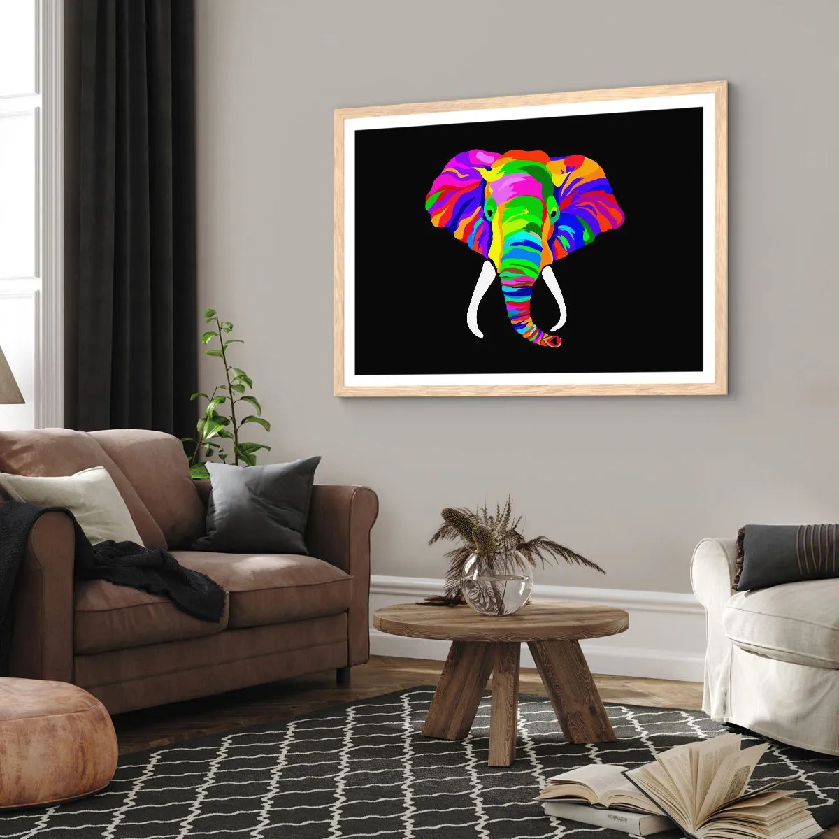Poszter világos tölgy keretben - Az elefánt, aki szeretett a szivárványban fürödni - 91x61 cm