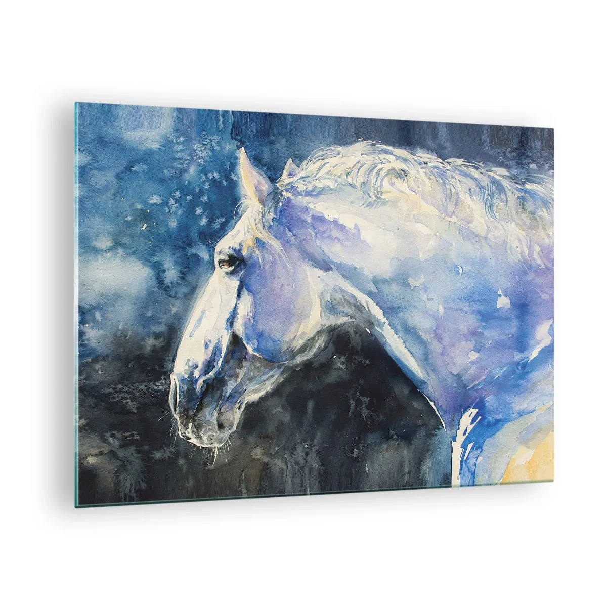 Üveg kép - Akvarell portré egy lóról kék árnyalatokban - 70x50cm - Portré kék fényben - Modern fali dekoráció nappalihoz és hálószobához ARTTOR