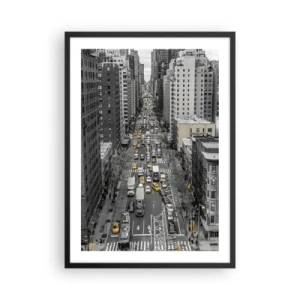 Poszter fehér keretben - New York-i utca fekete-fehérben, sárga taxikkal - 50x70cm - New York élete - Modern fali dekoráció nappalihoz és hálószobához ARTTOR