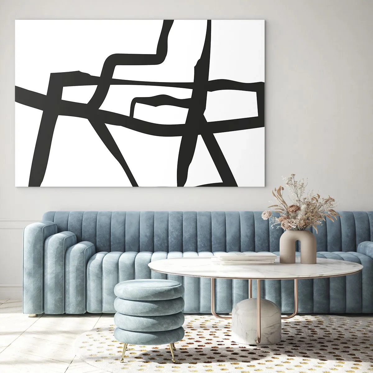 Üveg kép - Egy absztrakt fekete-fehér építmény, amely egy városi elrendezésre hasonlít. - 70x50cm - Fekete-fehér konstrukció - Modern fali dekoráció nappalihoz és hálószobához ARTTOR