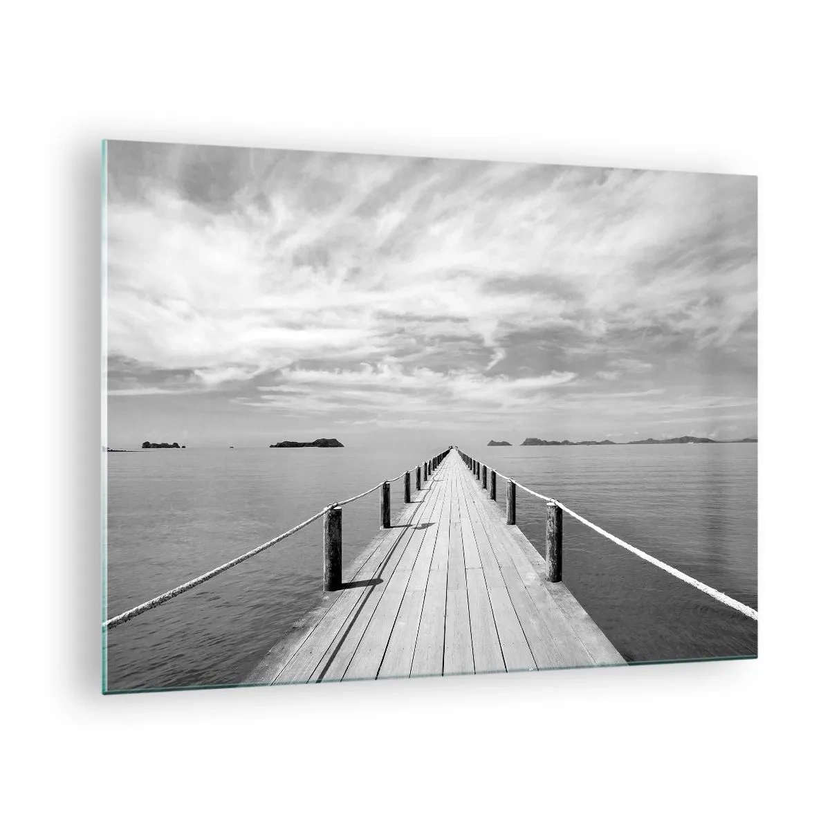 Üveg kép - Egy fából készült móló vezet a távolba egy nyugodt tengeren át - 70x50cm - Talán egy kirándulás... - Modern fali dekoráció nappalihoz és hálószobához ARTTOR