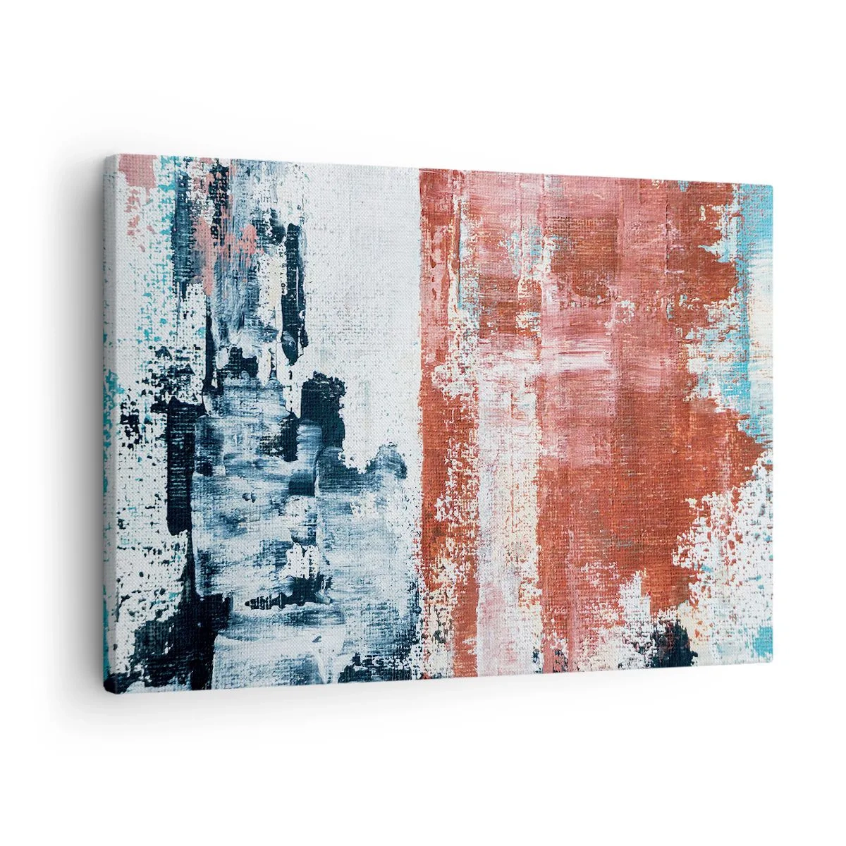 Vászonkép - Absztrakció fehér, kék és tégla színekben - 70x50cm - Fele-fele absztrakt - Modern fali dekoráció nappalihoz és hálószobához ARTTOR