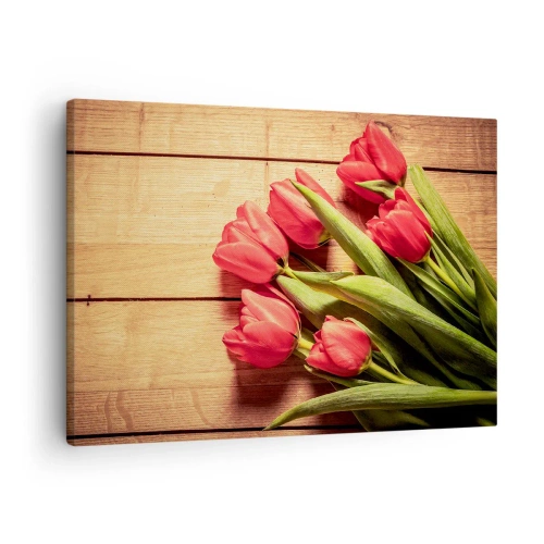 Vászonkép - Egy csokor rózsaszín tulipán fából készült háttéren - 70x50cm - Tavaszi vallomás - Modern fali dekoráció nappalihoz és hálószobához ARTTOR
