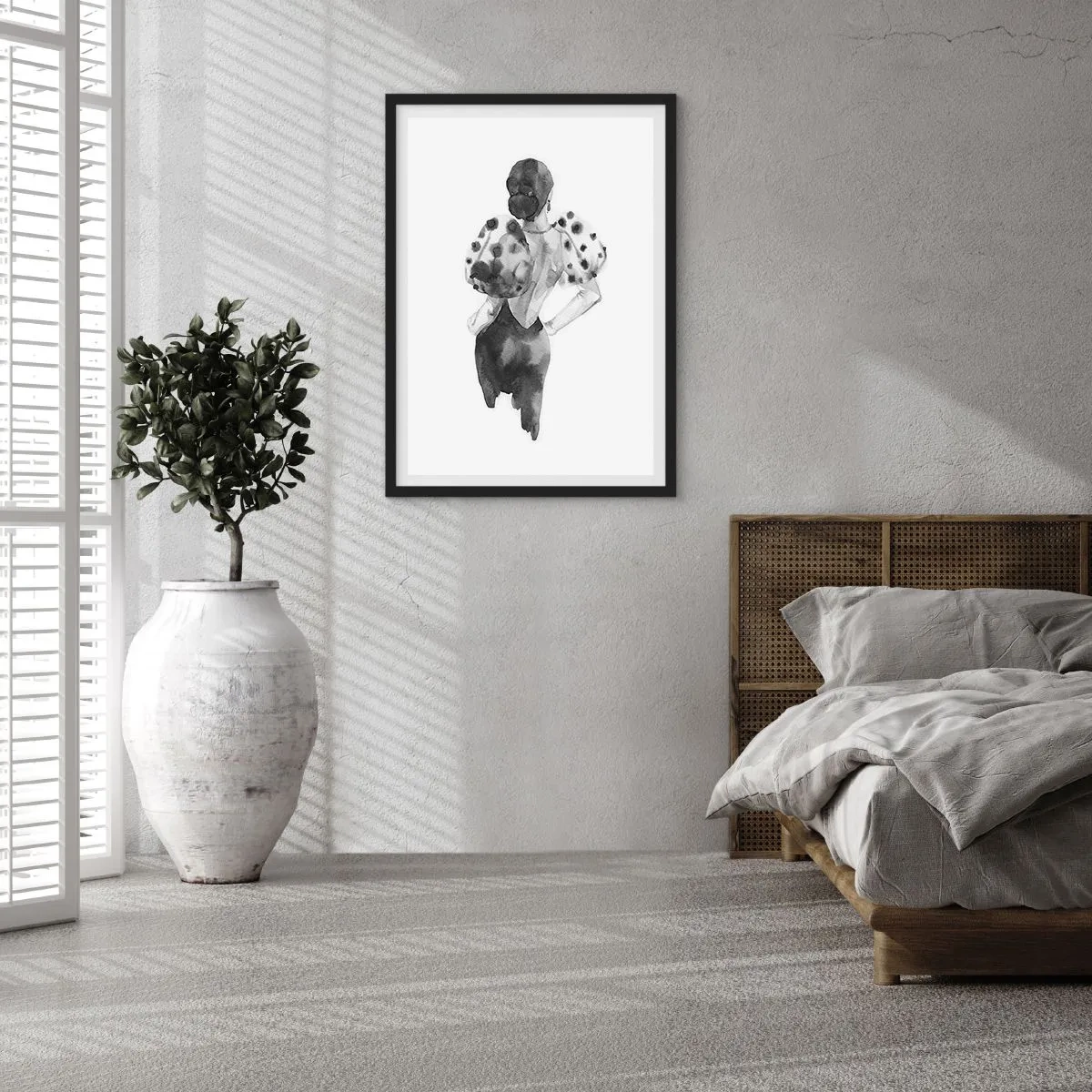 Poszter fehér keretben - Stílusos sziluett egy fekete ruhás nőről, elegáns akcentussal - 50x70cm - Egyenesen elsétált mellettem - Modern fali dekoráció nappalihoz és hálószobához ARTTOR