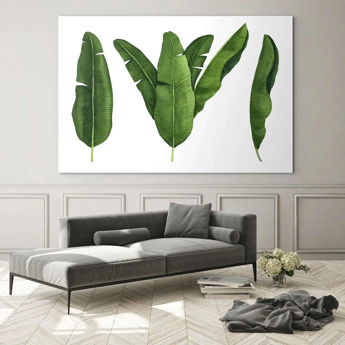 Üveg kép - Négy zöld banánlevél fehér alapon - 70x50cm - Zöld szimmetria - Modern fali dekoráció nappalihoz és hálószobához ARTTOR