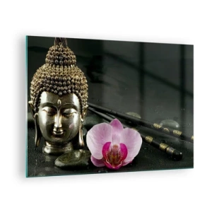 Üveg kép - Buddhista fej rózsaszín virággal kövek hátterében - 70x50cm - A bölcsesség és a szépség harmóniája - Modern fali dekoráció nappalihoz és hálószobához ARTTOR