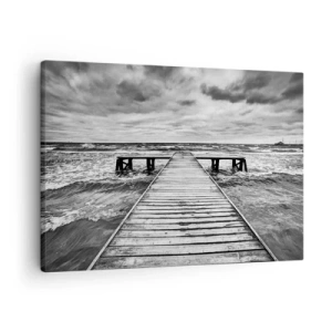 Vászonkép - Fekete-fehér kép egy fából készült mólóról a viharos tenger felett. - 70x50cm - Várom, hogy elűzze a szél... - Modern fali dekoráció nappalihoz és hálószobához ARTTOR