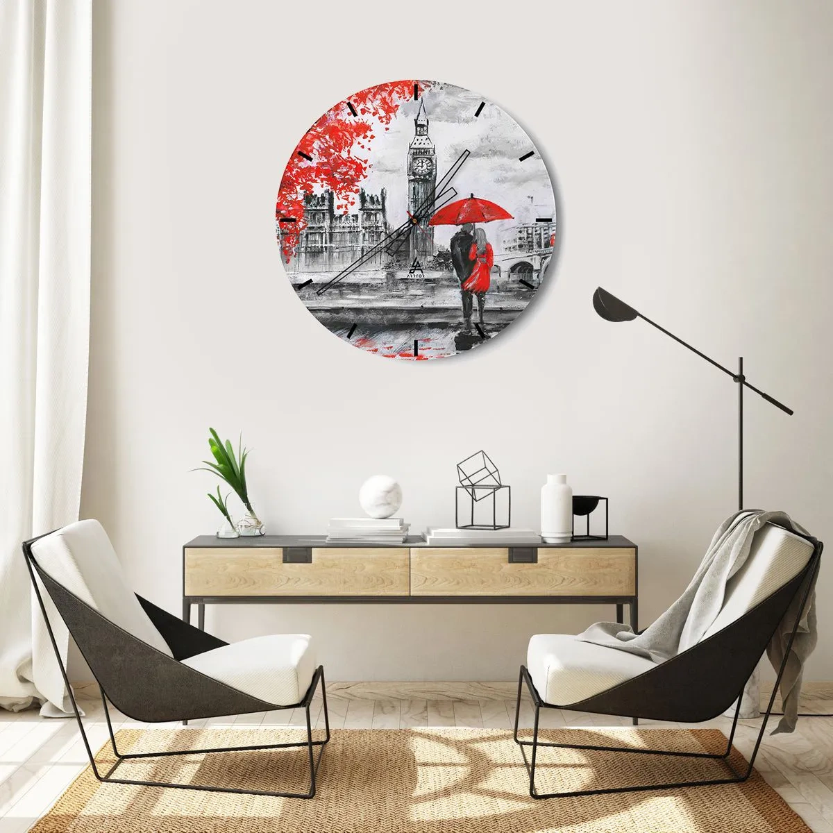 Falióra, Óra - Egy pár egy piros esernyő alatt, a háttérben a Big Bennel és a Parlamenttel. - 30x30cm - Szerelmesek Londonban - Modern fali dekoráció nappalihoz, konyhához és hálószobához ARTTOR