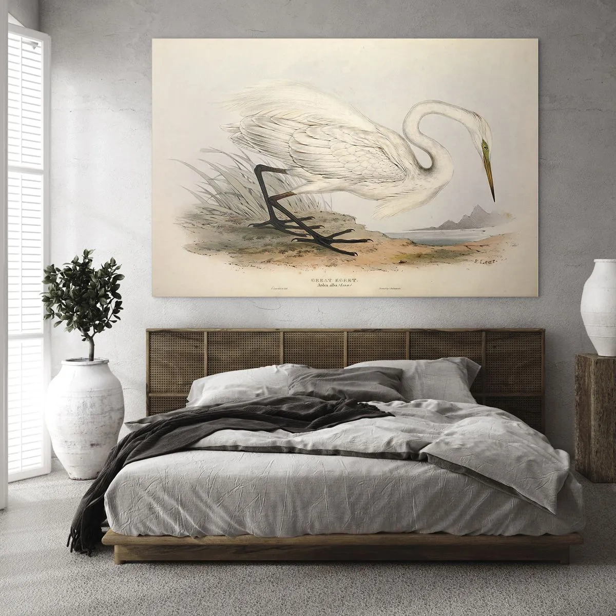 Üveg kép - Fehér gém vintage illusztrációja a víz szélén - 70x50cm - Hölgy a nádasban - Modern fali dekoráció nappalihoz és hálószobához ARTTOR