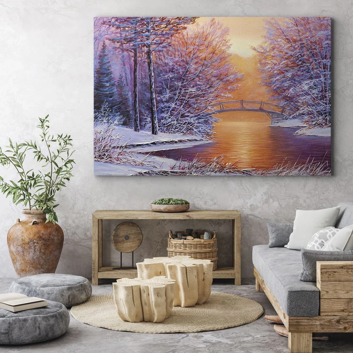 Vászonkép - Téli táj híddal és naplementével - 70x50cm - Találkozzunk itt - Modern fali dekoráció nappalihoz és hálószobához ARTTOR