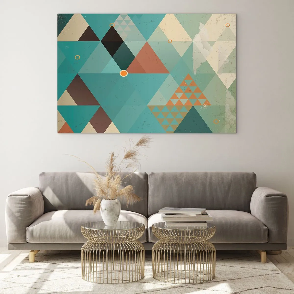 Üveg kép - Türkiz és barna árnyalatú geometria háromszögekkel - 70x50cm - A sokféleség egysége, az egység sokfélesége - Modern fali dekoráció nappalihoz és hálószobához ARTTOR