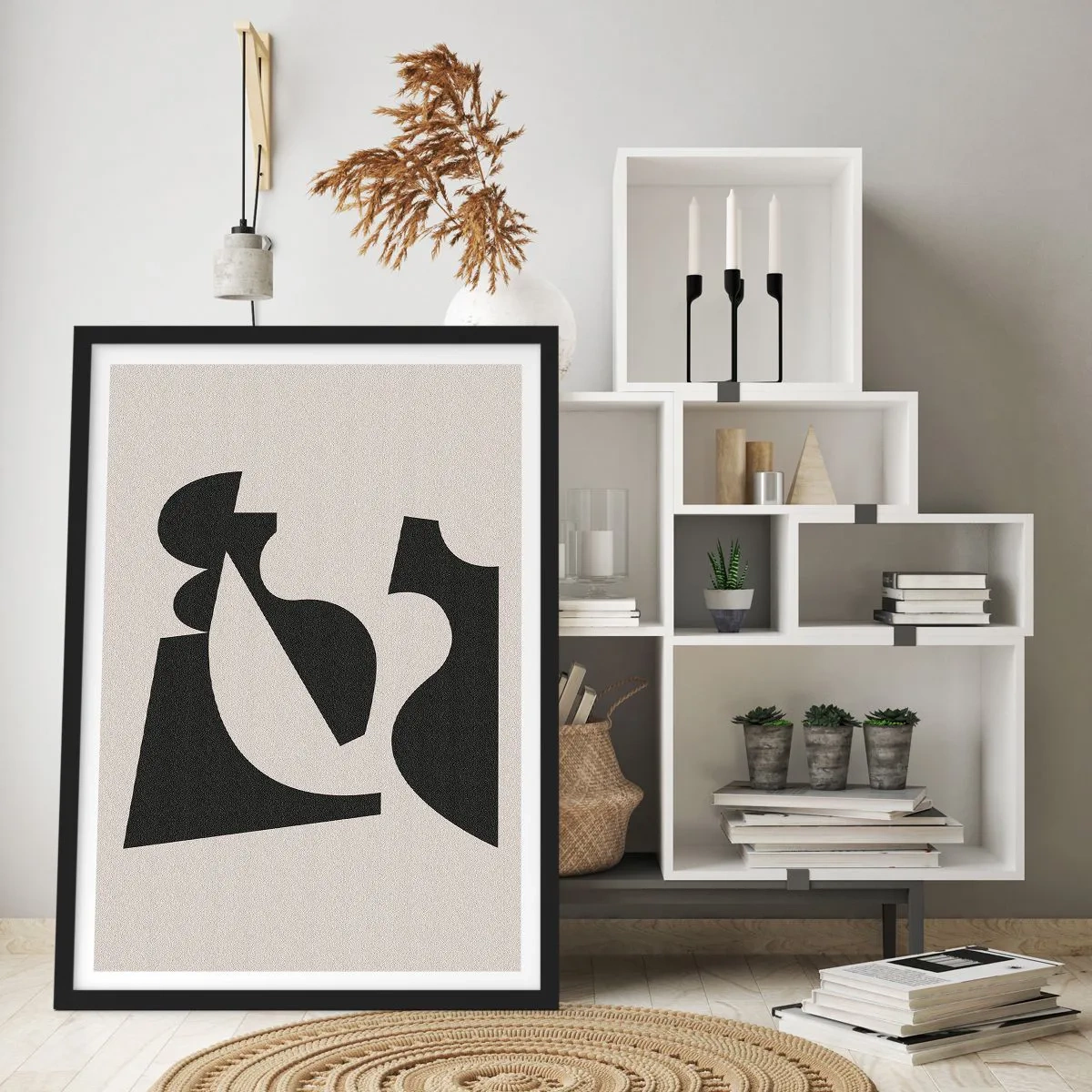 Poszter fehér keretben - Absztrakt geometrikus kompozíció fekete és bézs színben - 50x70cm - Önálló összeállításra - Modern fali dekoráció nappalihoz és hálószobához ARTTOR