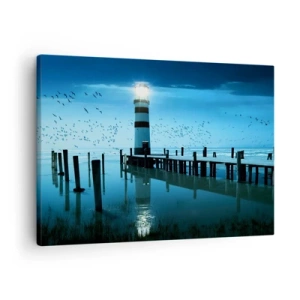 Vászonkép - A mólónál lévő világítótorony éjszaka kivilágítva - 70x50cm - És nem félsz a sötéttől - Modern fali dekoráció nappalihoz és hálószobához ARTTOR