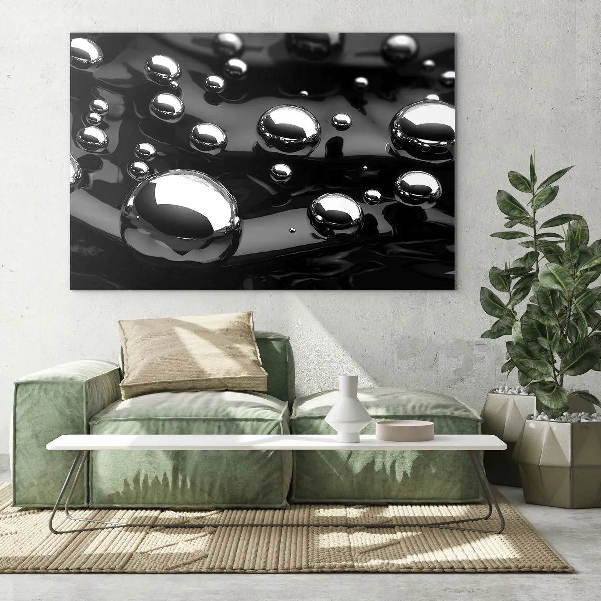 Üveg kép - Fémes cseppek fekete felületen - 70x50cm - A fekete vízből - Modern fali dekoráció nappalihoz és hálószobához ARTTOR