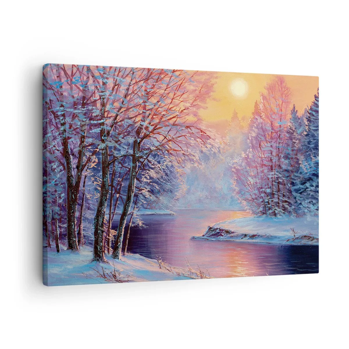 Vászonkép - Téli táj folyóval és fákkal napfelkeltekor - 70x50cm - A tél árnyalatai - Modern fali dekoráció nappalihoz és hálószobához ARTTOR