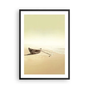 Poszter fehér keretben - Egy magányos fahajó egy üres tengerparton pasztell színekben. - 50x70cm - A déli tengerek megemlékezése - Modern fali dekoráció nappalihoz és hálószobához ARTTOR