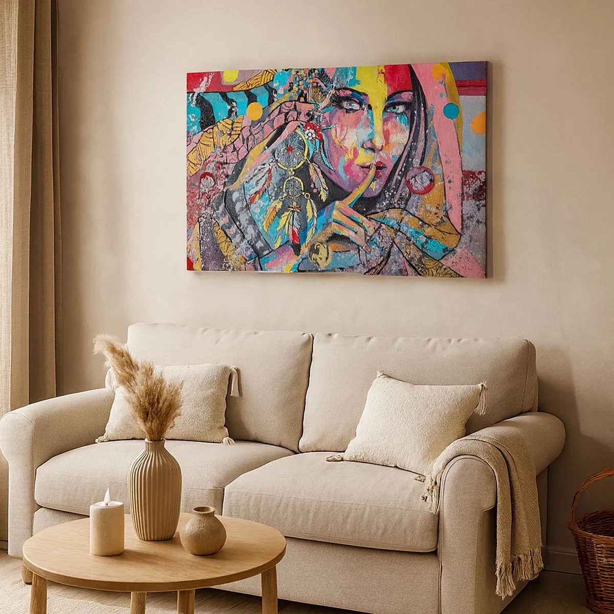 Vászonkép - Színes női arc művészi stílusban - 70x50cm - Maradj csendben, amíg meg nem érted - Modern fali dekoráció nappalihoz és hálószobához ARTTOR
