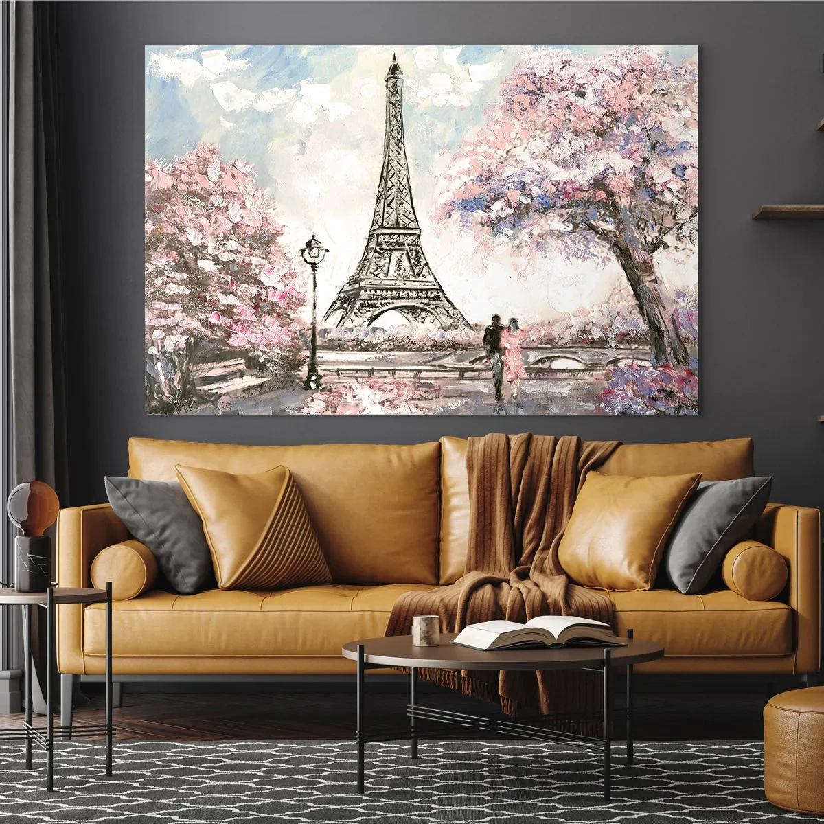 Üveg kép - Az Eiffel-torony illusztrációja tavaszi környezetben - 70x50cm - Áprilisi séta Párizsban - Modern fali dekoráció nappalihoz és hálószobához ARTTOR