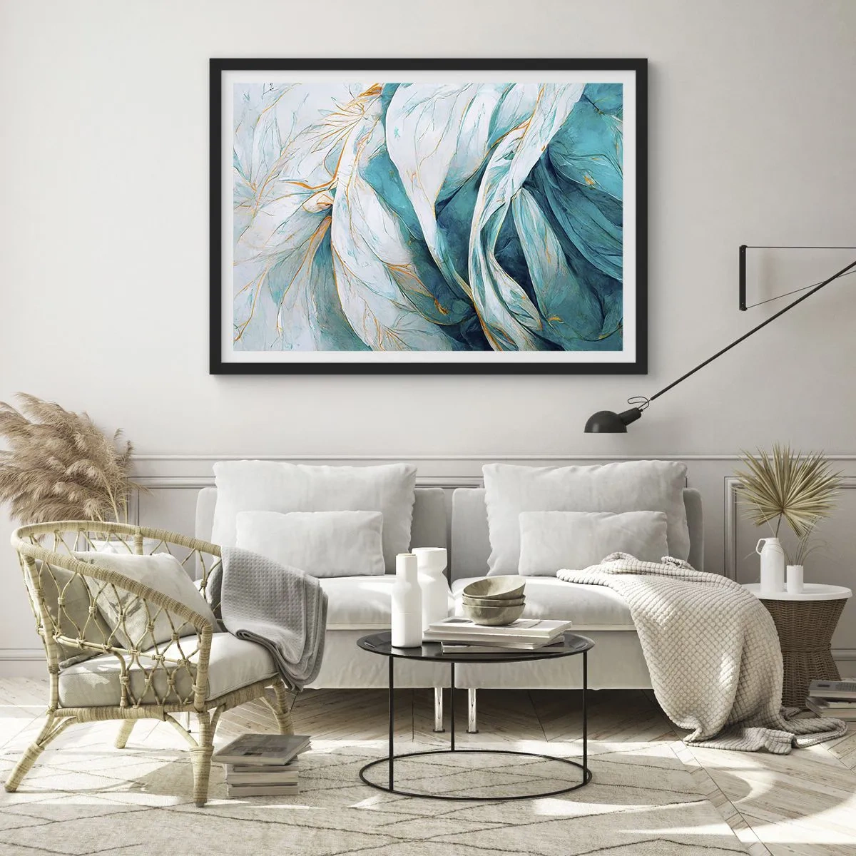 Poszter fehér keretben - Kék absztrakció arany motívummal - 100x70 cm