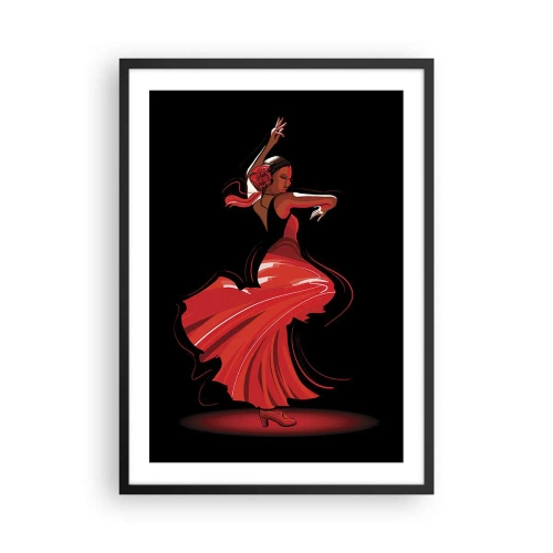 Poszter fehér keretben - Flamenco táncos piros ruhában, fekete háttér előtt - 50x70cm - A flamenco tüzes szelleme - Modern fali dekoráció nappalihoz és hálószobához ARTTOR
