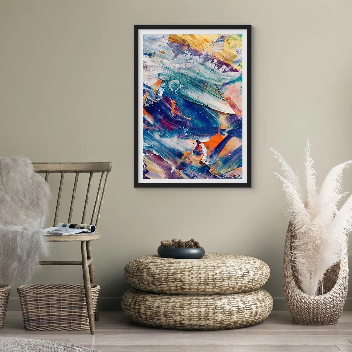Poszter fehér keretben - Absztrakt kompozíció színes ecsetvonásokkal - 50x70cm - Színkavalkád - Modern fali dekoráció nappalihoz és hálószobához ARTTOR