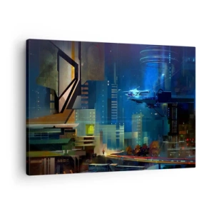 Vászonkép - Futurisztikus város éjszaka neonfényekkel és repülő járművel - 70x50cm - A közel jövőben - Modern fali dekoráció nappalihoz és hálószobához ARTTOR