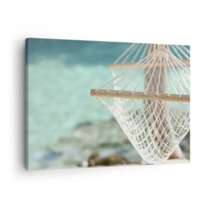 Vászonkép - Függőágy, kilátással a türkizkék vízre - 70x50cm - Itt az ideje a pihenésnek - Modern fali dekoráció nappalihoz és hálószobához ARTTOR