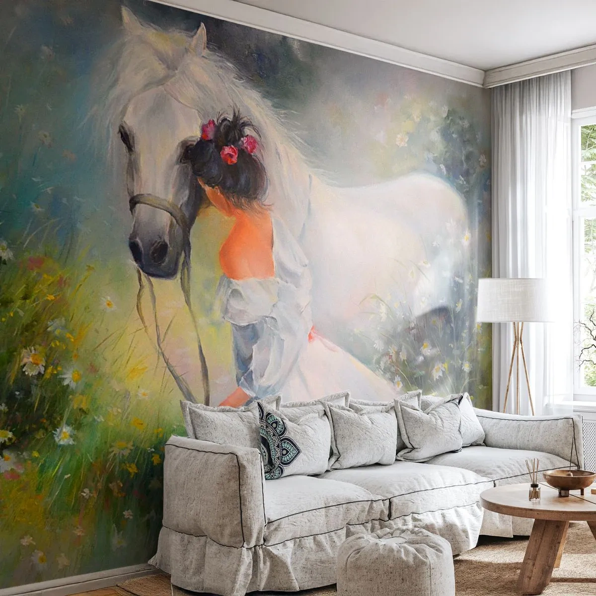 Fotótapéta Premium Canvas - Mint egy szép álomból - Nő, Ló, Rét - 250x175 cm