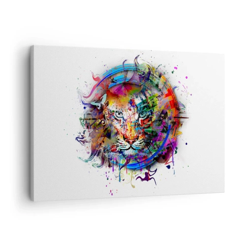 Vászonkép - Színes portré egy oroszlánról absztrakt stílusban - 70x50cm - Szivárványfátyol mögött lapul - Modern fali dekoráció nappalihoz és hálószobához ARTTOR