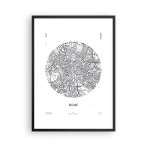 Poszter fehér keretben - Róma minimalista fekete-fehér térképe. - 50x70cm - Róma anatómiája - Modern fali dekoráció nappalihoz és hálószobához ARTTOR