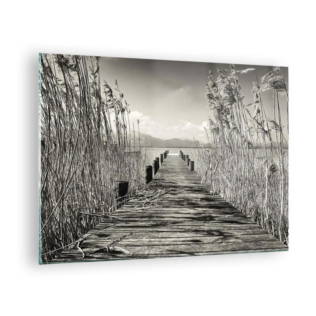 Üveg kép - Egy fahíd vezet át a fűben egy nyugodt tó felett. - 70x50cm - A fű csendjében - Modern fali dekoráció nappalihoz és hálószobához ARTTOR