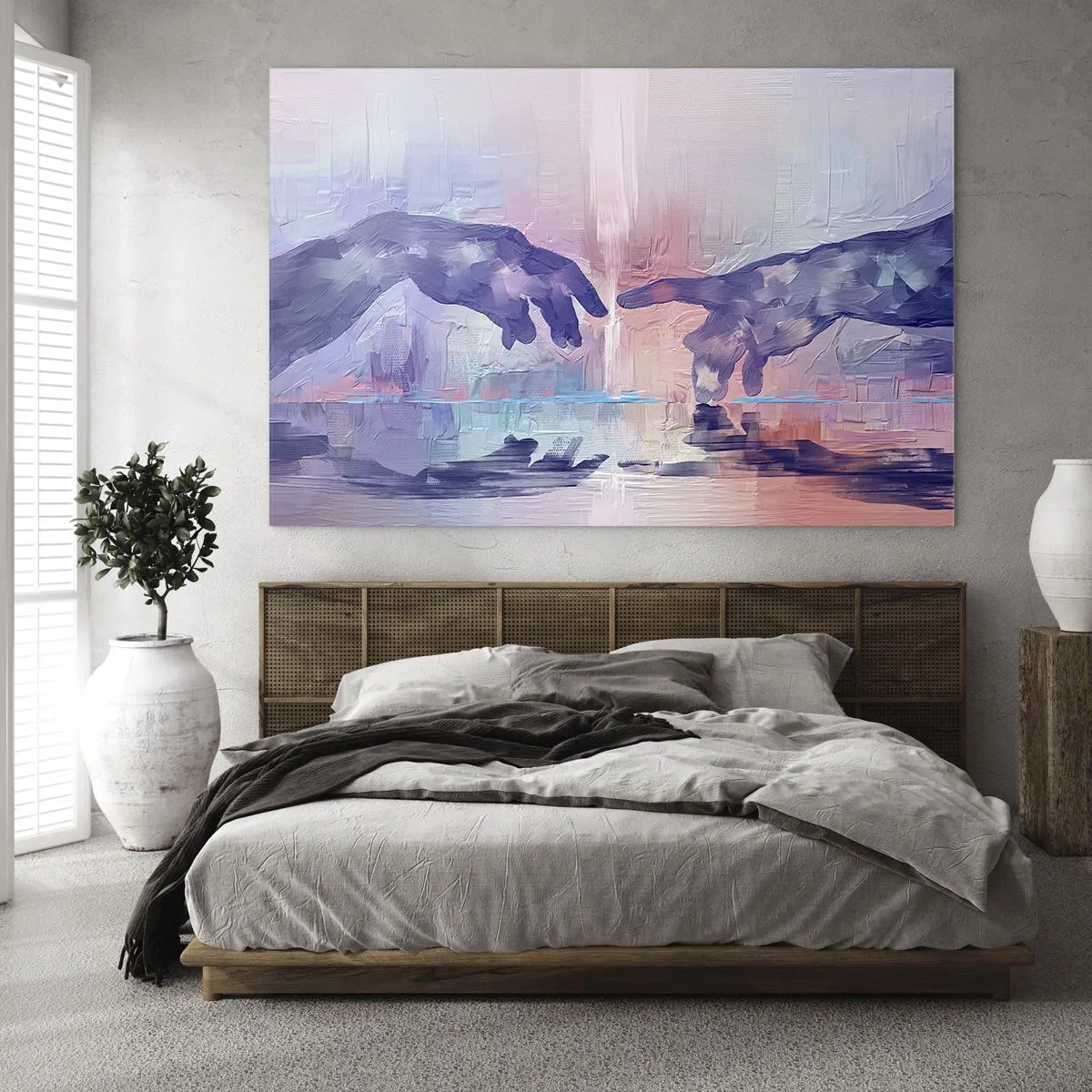Üveg kép - Absztrakt kezek közelednek egymáshoz pasztell háttér előtt. - 70x50cm - Az élet isteni szikrája - Modern fali dekoráció nappalihoz és hálószobához ARTTOR