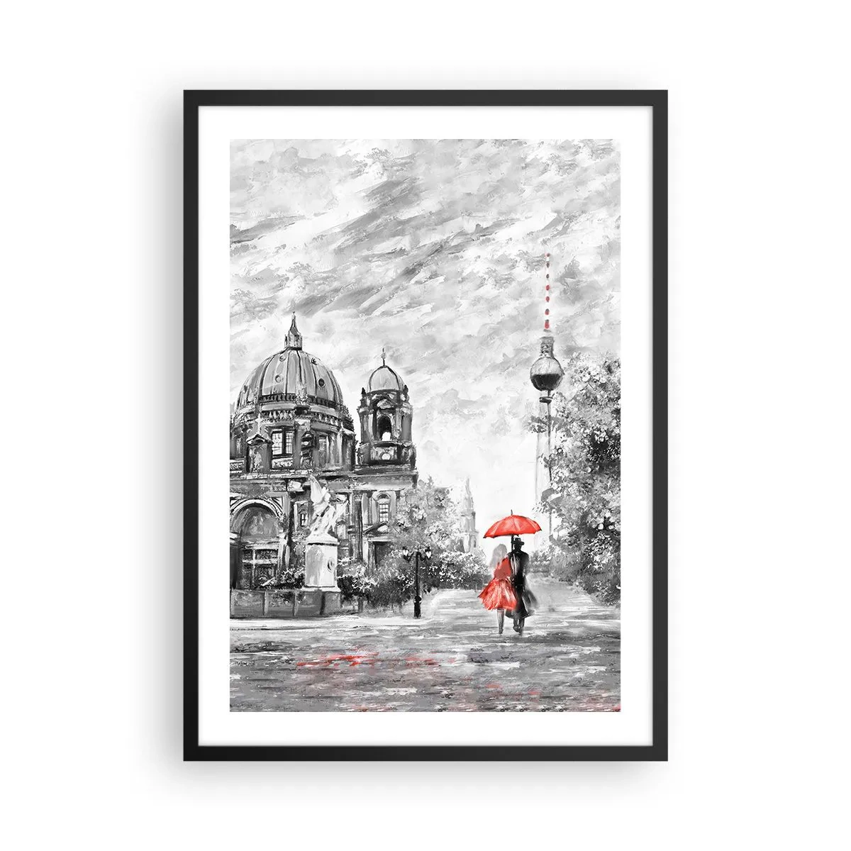 Poszter fehér keretben - Egy piros esernyős alak a berlini építészet hátterében - 50x70cm - Berlini találkozó - Modern fali dekoráció nappalihoz és hálószobához ARTTOR