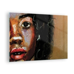 Üveg kép - Egy színes, festői stílusú nőportré töredéke - 70x50cm - Fekete és fény - Modern fali dekoráció nappalihoz és hálószobához ARTTOR