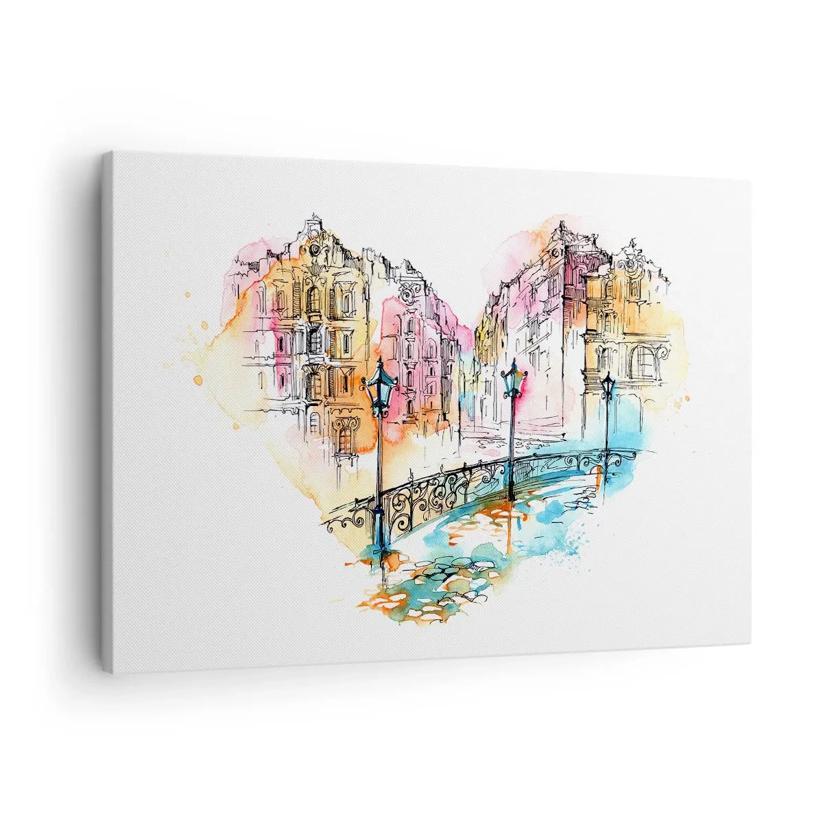 Vászonkép - Akvarell egy hídról és szív alakú bérházakról - 70x50cm - A város szíve - Modern fali dekoráció nappalihoz és hálószobához ARTTOR