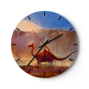 Falióra, Óra - Fantasztikus táj egy dinoszaurusszal a hegyek hátterében - 30x30cm - Ha nem haltak volna ki - Modern fali dekoráció nappalihoz, konyhához és hálószobához ARTTOR