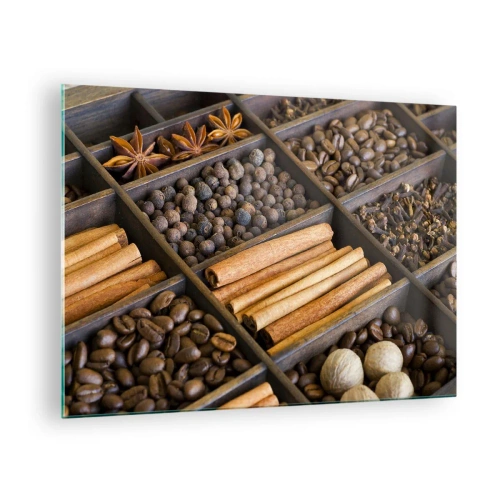 Üveg kép - Fűszerek fa rekeszekben - 70x50cm - Az aromák kincsesbányája - Modern fali dekoráció nappalihoz és hálószobához ARTTOR