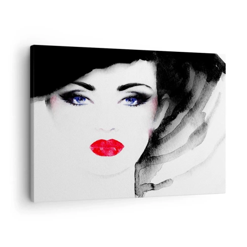 Vászonkép - Vörös ajkakkal és intenzív kék szemekkel rendelkező nő portréja - 70x50cm - Elutasít és hív - Modern fali dekoráció nappalihoz és hálószobához ARTTOR